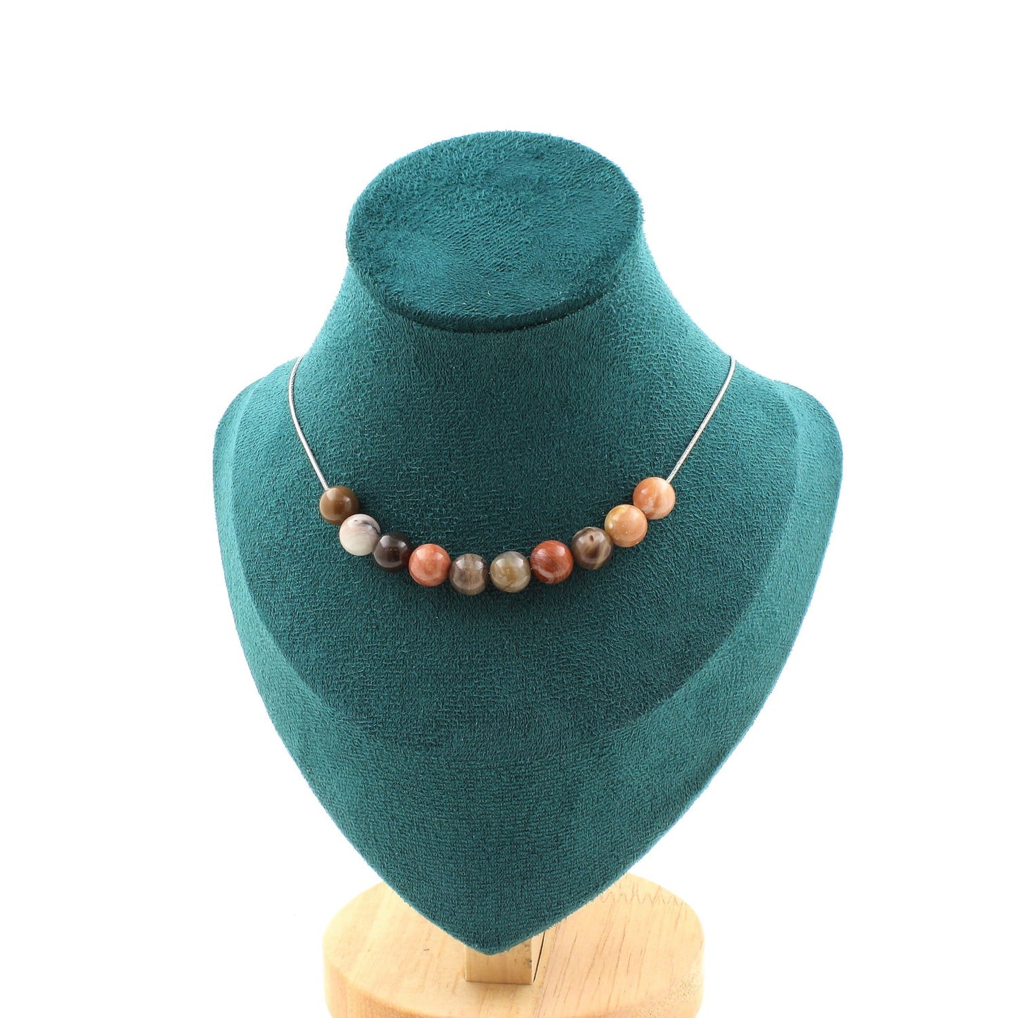 Petrified wood 10 beads 8 mm necklace, stainless steel chain